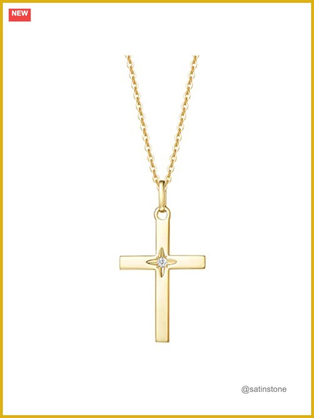 14K Solid Yellow Gold Star Diamond Cross Necklace 0.025ct Natural Diamond